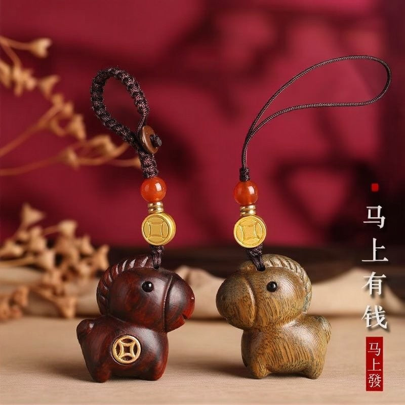 Sandalwood Zodiac Horse Wealth Car Keychain Bag Pendant