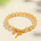 Natural Golden Rutilated Quartz Bracelet for Women, Luxury Horse Charm Stretch Bracelet