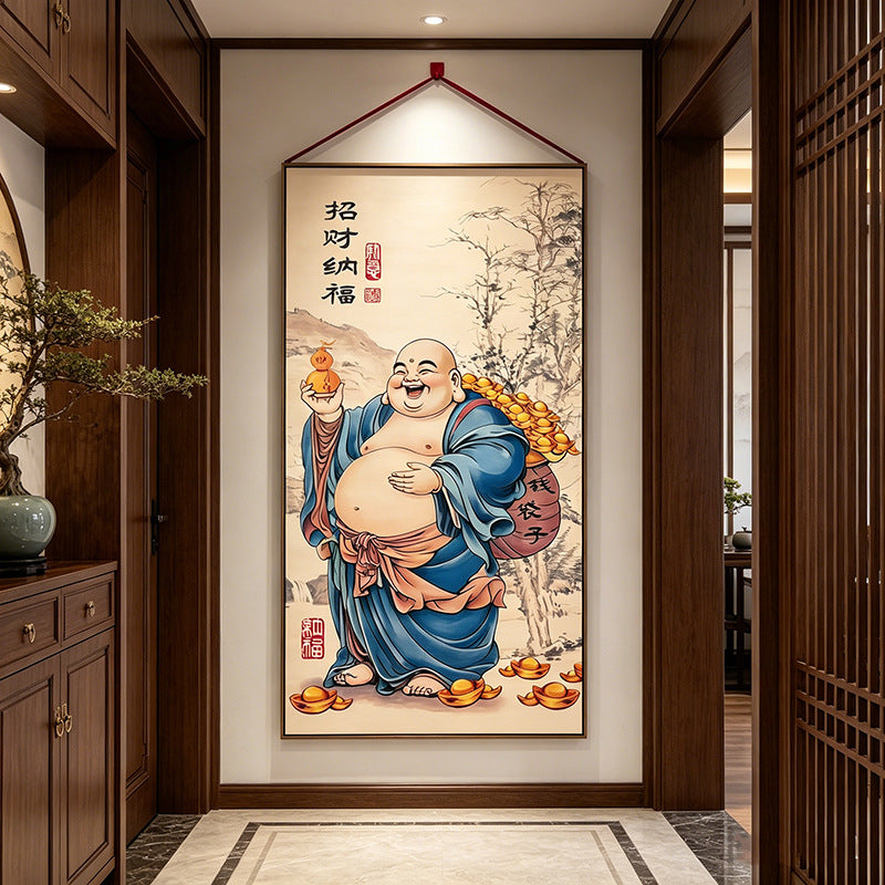 Chinese Style Maitreya Buddha Painting, New Chinese Wall Art, Blessing Wall Hanging for Entryway, Tea Room & Dining Room Decor