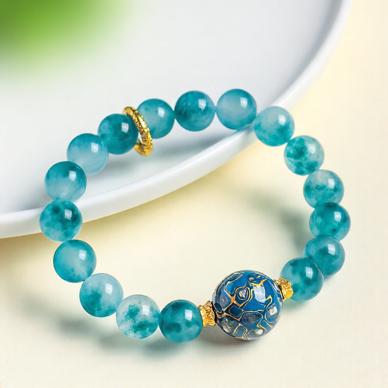 Natural Blue Chalcedony & Lacquer Beaded Bracelet for Women, Luxury Ocean Blue Healing Jewelry