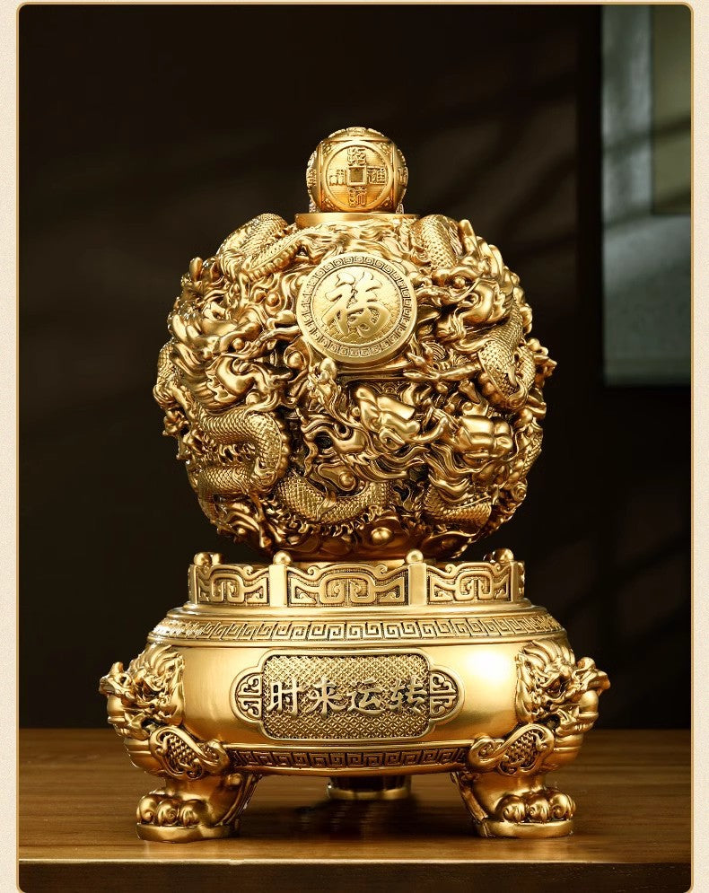Nine Turns Qiankun Ding Brass Ornament, Dragon Mascot Statue for Living Room & Office, Prosperity Decor for Store Opening Housewarming Gift