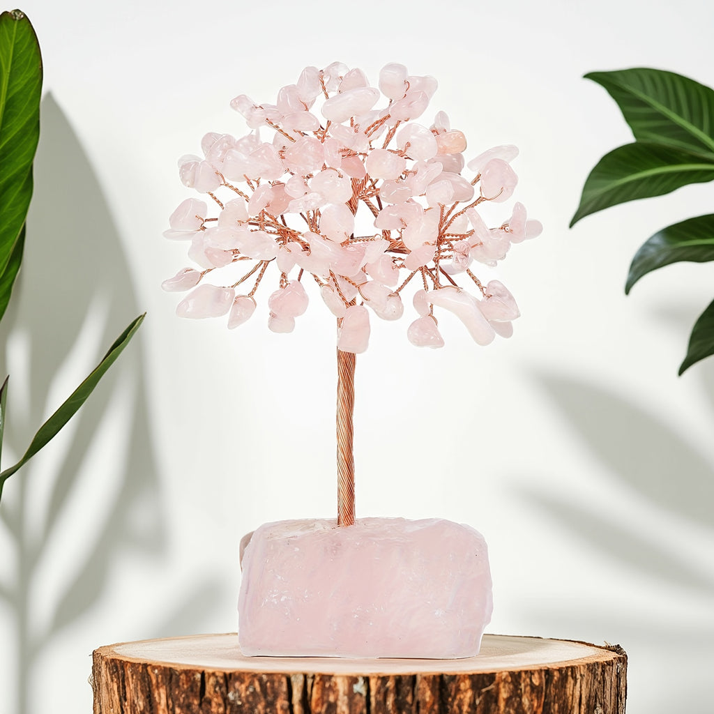 Rose Quartz Crystal Tree of Life - Chakra Tree, Feng Shui Decor - Handmade Gemstone Christmas Tree, Good Luck Money Tree Bonsai, Home Desktop Decoration Simulation Tree, Pink Crystal, Spiritual Gift
