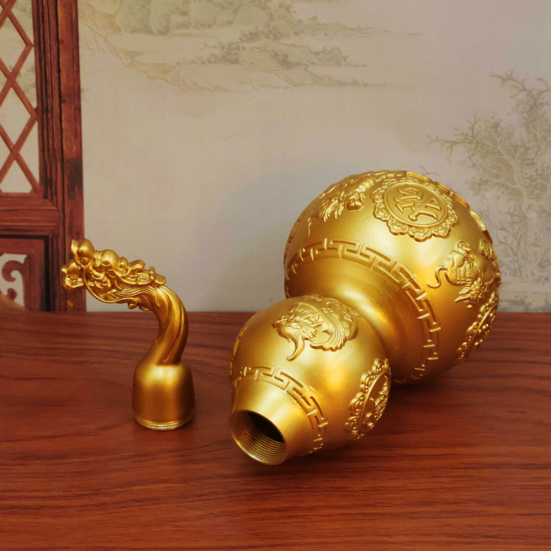 Brass Dragon Head Pixiu Gourd Ornament, Large Hollow Openable Ruyi Gourd Statue, Feng Shui Decor for Home Attracting Wealth and Blessings