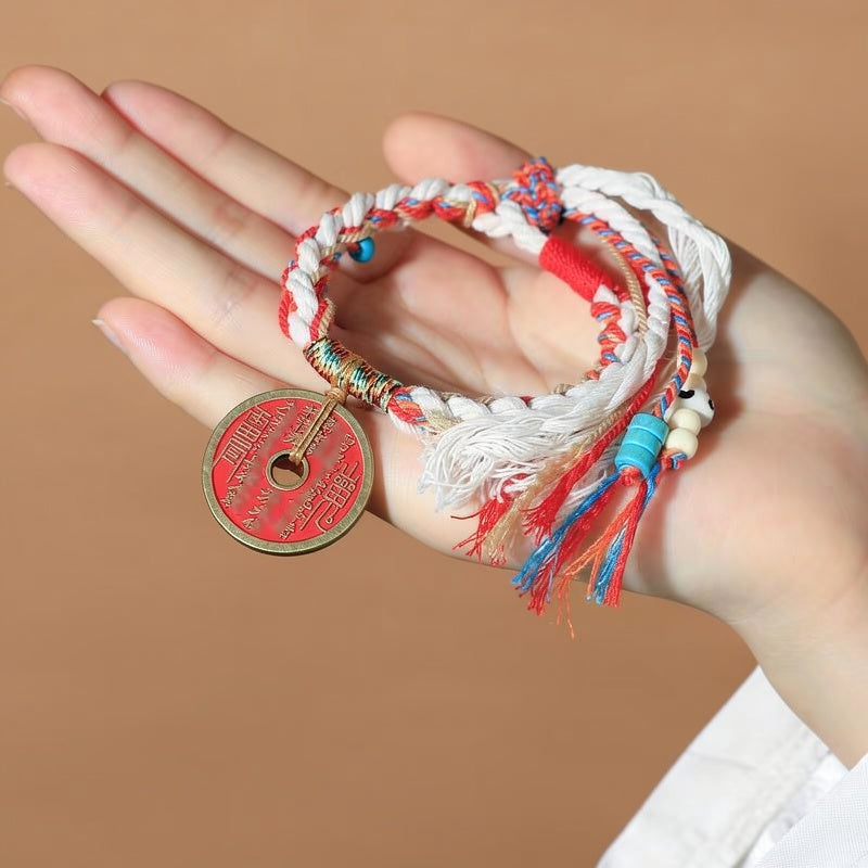 Vintage Braided Copper Coin Red Rope Bracelet | Traditional Chinese Jewelry