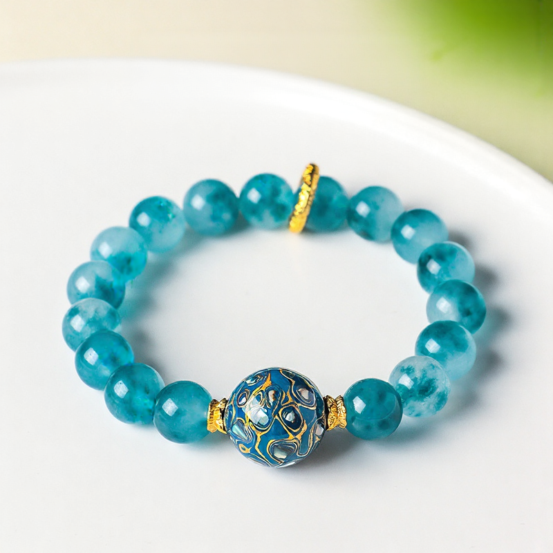 Natural Blue Chalcedony & Lacquer Beaded Bracelet for Women, Luxury Ocean Blue Healing Jewelry