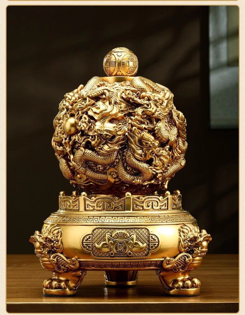 Nine Turns Qiankun Ding Brass Ornament, Dragon Mascot Statue for Living Room & Office, Prosperity Decor for Store Opening Housewarming Gift