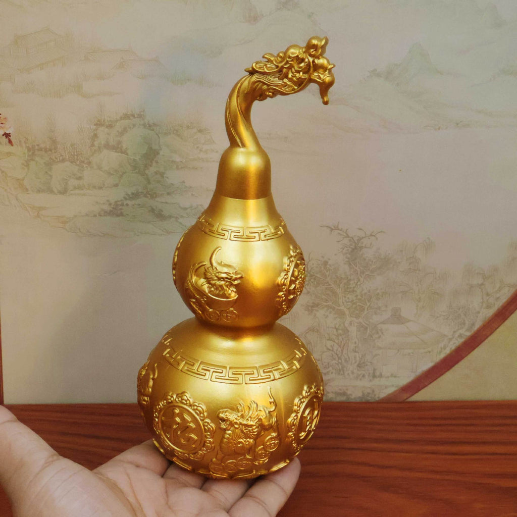 Brass Dragon Head Pixiu Gourd Ornament, Large Hollow Openable Ruyi Gourd Statue, Feng Shui Decor for Home Attracting Wealth and Blessings