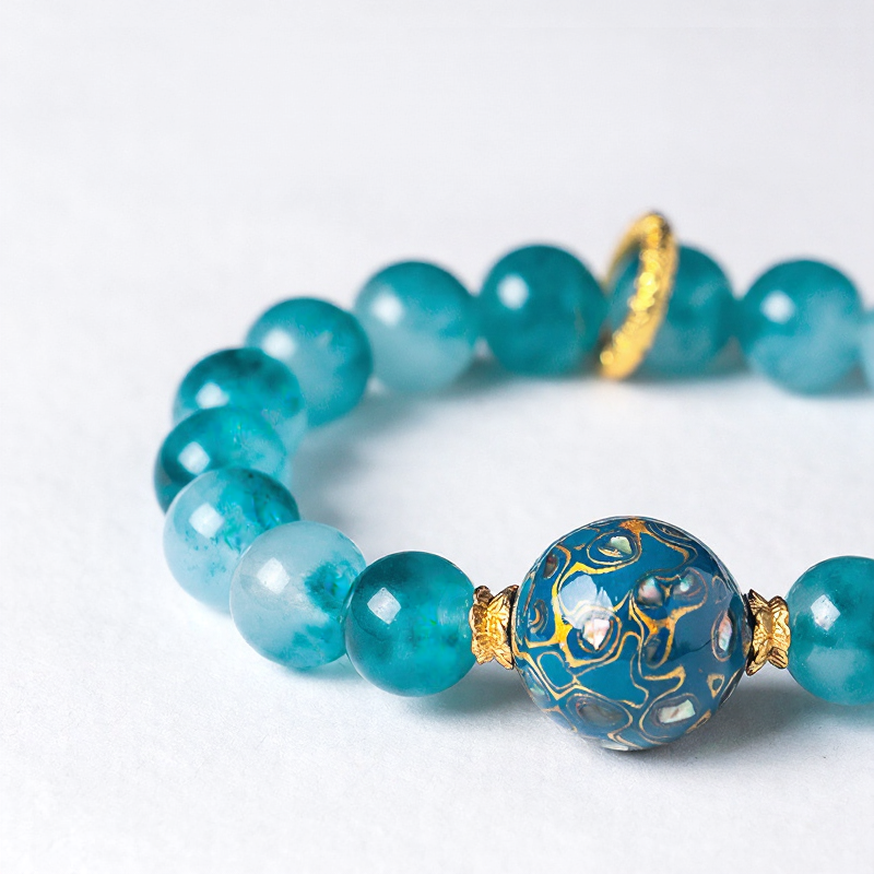 Natural Blue Chalcedony & Lacquer Beaded Bracelet for Women, Luxury Ocean Blue Healing Jewelry