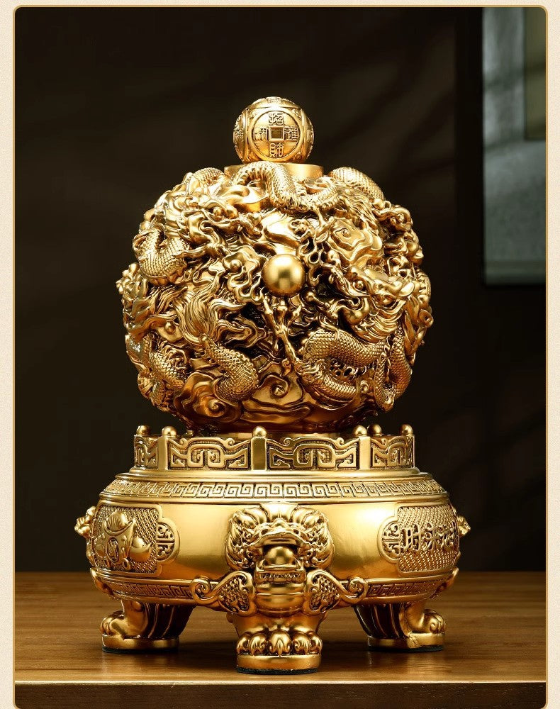 Nine Turns Qiankun Ding Brass Ornament, Dragon Mascot Statue for Living Room & Office, Prosperity Decor for Store Opening Housewarming Gift