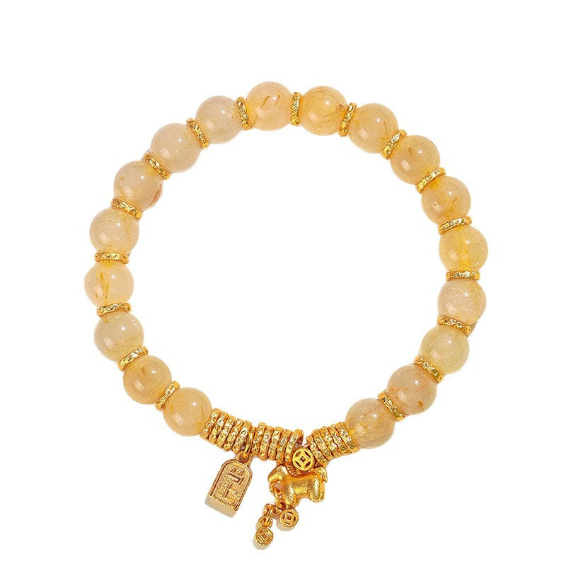 Natural Golden Rutilated Quartz Bracelet for Women, Luxury Horse Charm Stretch Bracelet