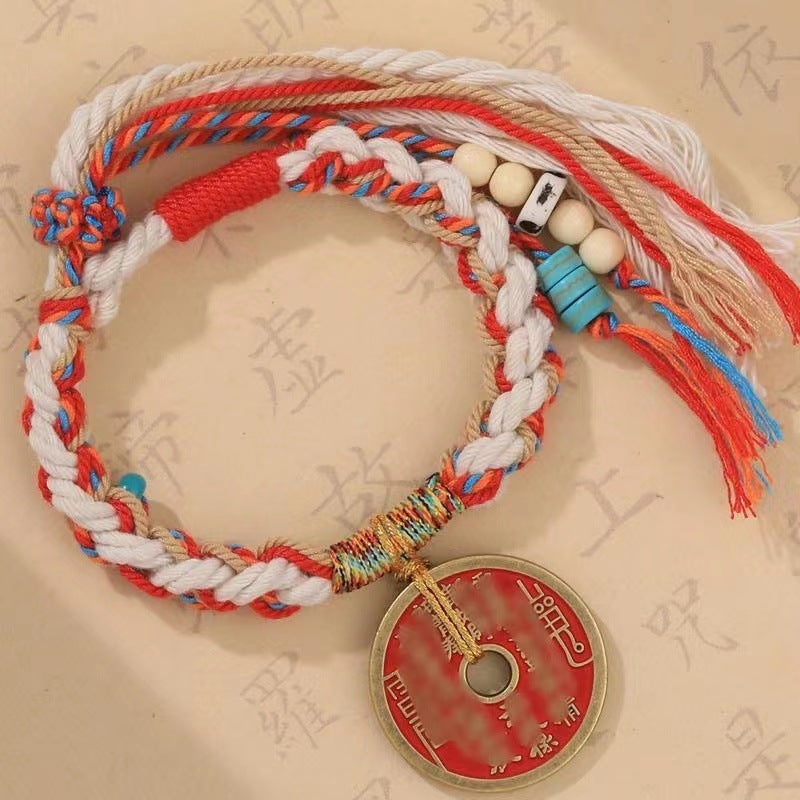 Vintage Braided Copper Coin Red Rope Bracelet | Traditional Chinese Jewelry