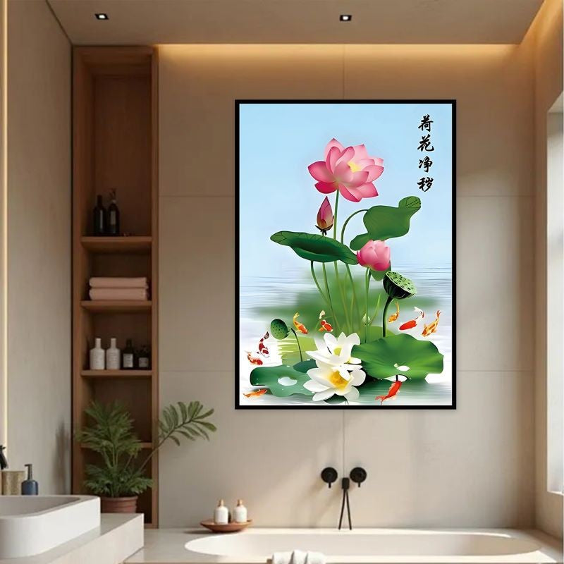 Lotus & Koi Fish Wall Decal, Waterproof Self-Adhesive Sticker, Moisture-Proof Art Mural for Bathroom & Corridor