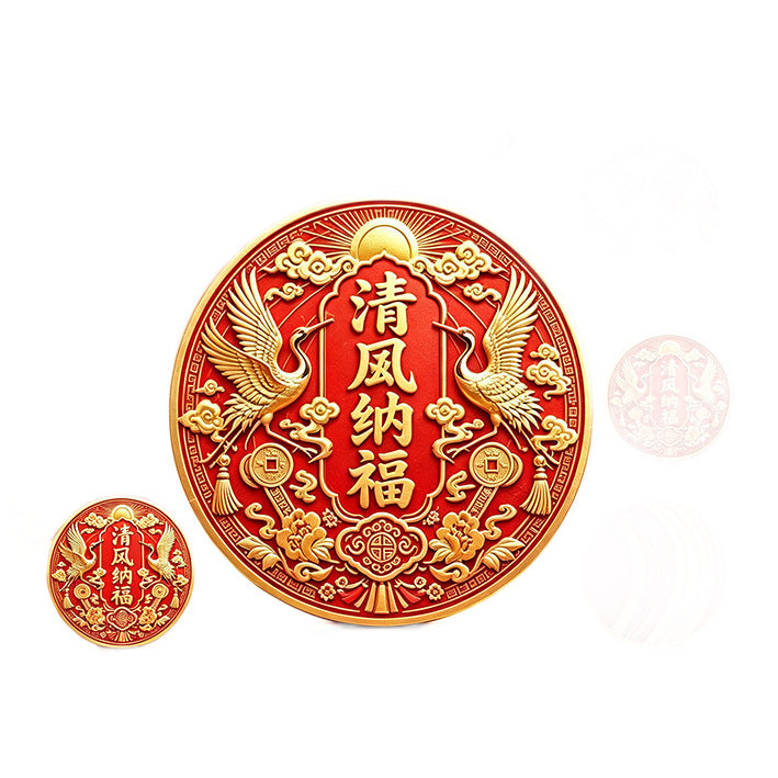 Chinese Style "Breeze Brings Blessings" Keychain, Red & Gold Crane Pattern Auspicious Decorative Pendant, Housewarming Car Key Ring Gift for Home Car