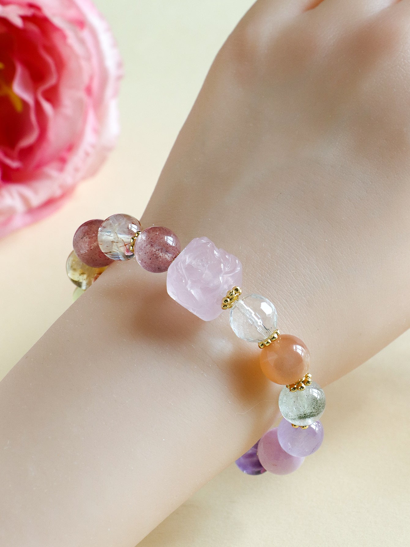 Premium Nine-Tailed Fox Amethyst Aquamarine Multi-Stone Bracelet, Elegant High-End Beaded Strand