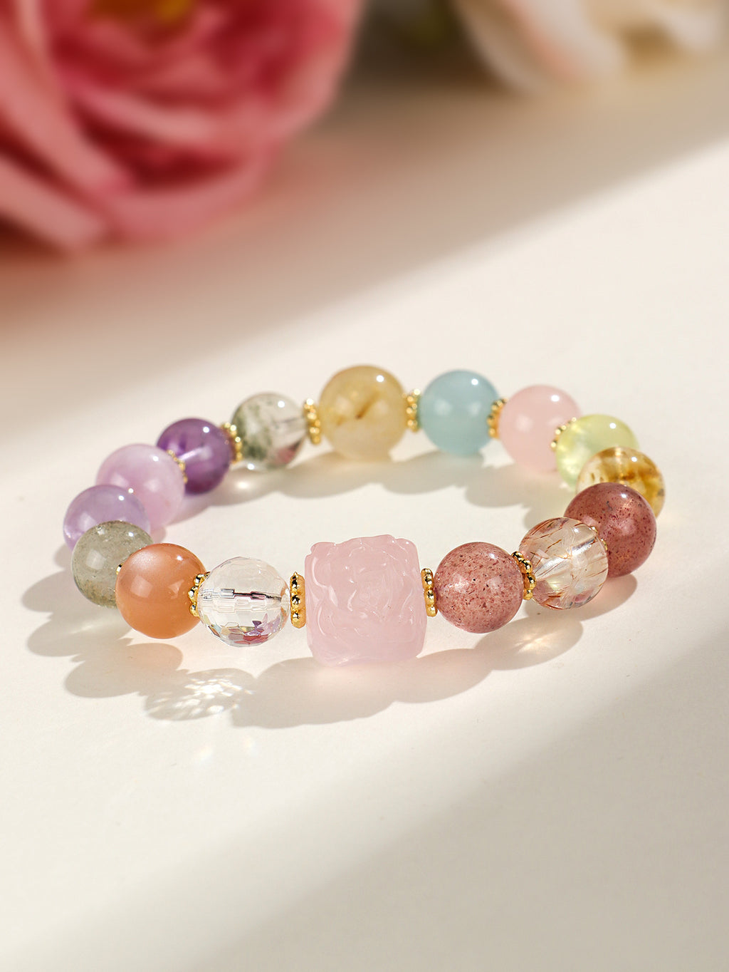 Premium Nine-Tailed Fox Amethyst Aquamarine Multi-Stone Bracelet, Elegant High-End Beaded Strand