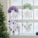 Crystal Suncatcher Wall Hanging Home Decor Natural Stone Gemstone Pink Quartz Fluorite Agate Amethyst Tree of Life Dream Catcher