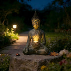 Buddha Statue with Solar Light Home Garden Decor Sitting Meditating Buddha Figurines for Outdoor Patio Yard Lawn Ornaments