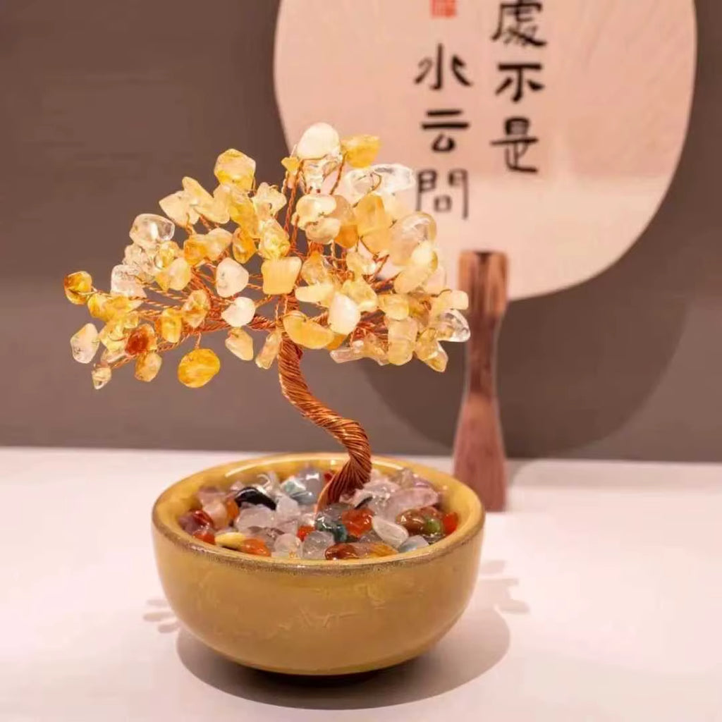 Natural Yellow Crystal Healing Gems Feng Shui Trees Lucky Money Tree Copper Wire Wrapped Crystal Crafts Home Decor