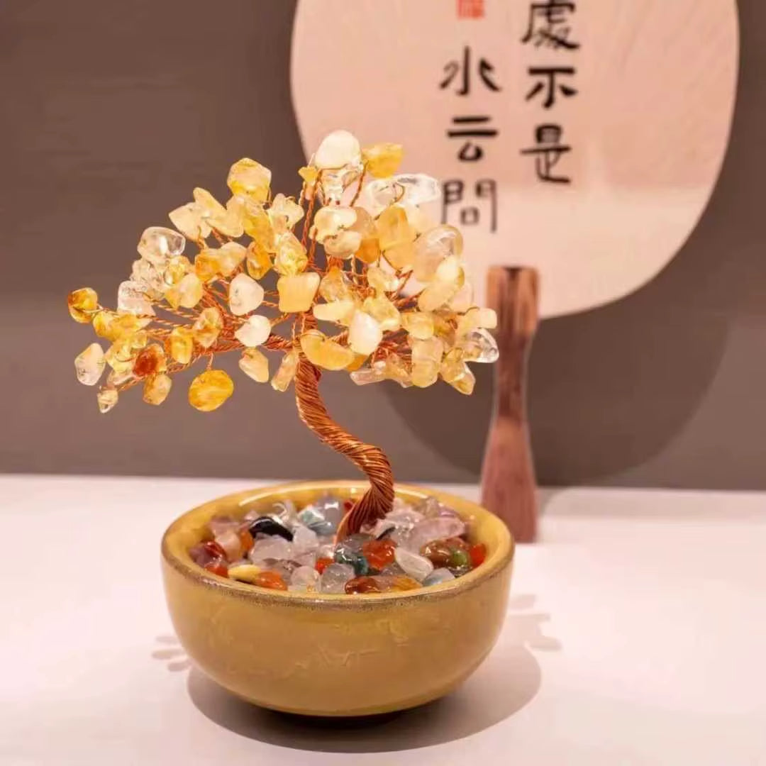 Natural Yellow Crystal Healing Gems Feng Shui Trees Lucky Money Tree Copper Wire Wrapped Crystal Crafts Home Decor