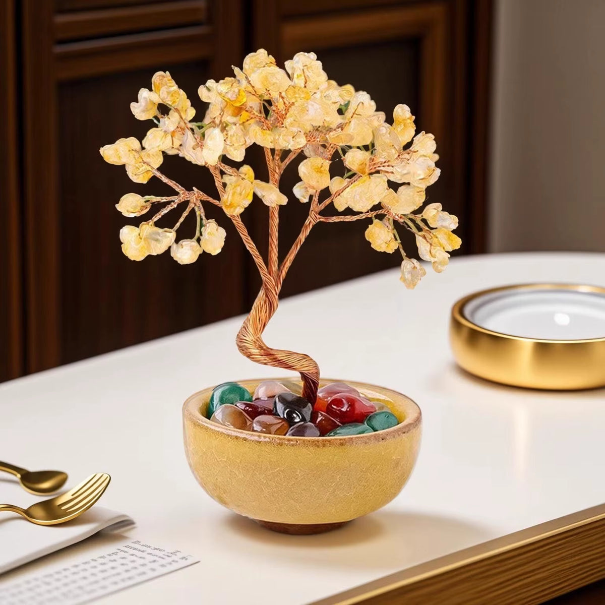 Natural Yellow Crystal Healing Gems Feng Shui Trees Lucky Money Tree Copper Wire Wrapped Crystal Crafts Home Decor