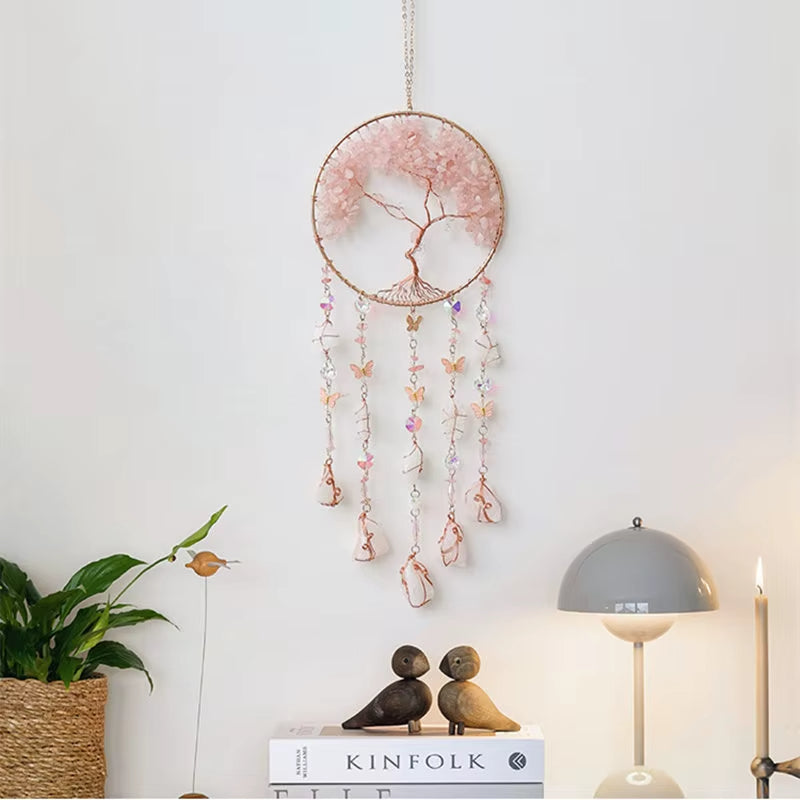 Crystal Suncatcher Wall Hanging Home Decor Natural Stone Gemstone Pink Quartz Fluorite Agate Amethyst Tree of Life Dream Catcher