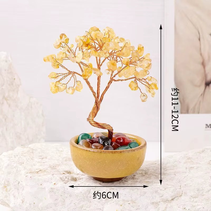 Natural Yellow Crystal Healing Gems Feng Shui Trees Lucky Money Tree Copper Wire Wrapped Crystal Crafts Home Decor