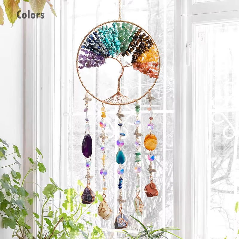 Crystal Suncatcher Wall Hanging Home Decor Natural Stone Gemstone Pink Quartz Fluorite Agate Amethyst Tree of Life Dream Catcher