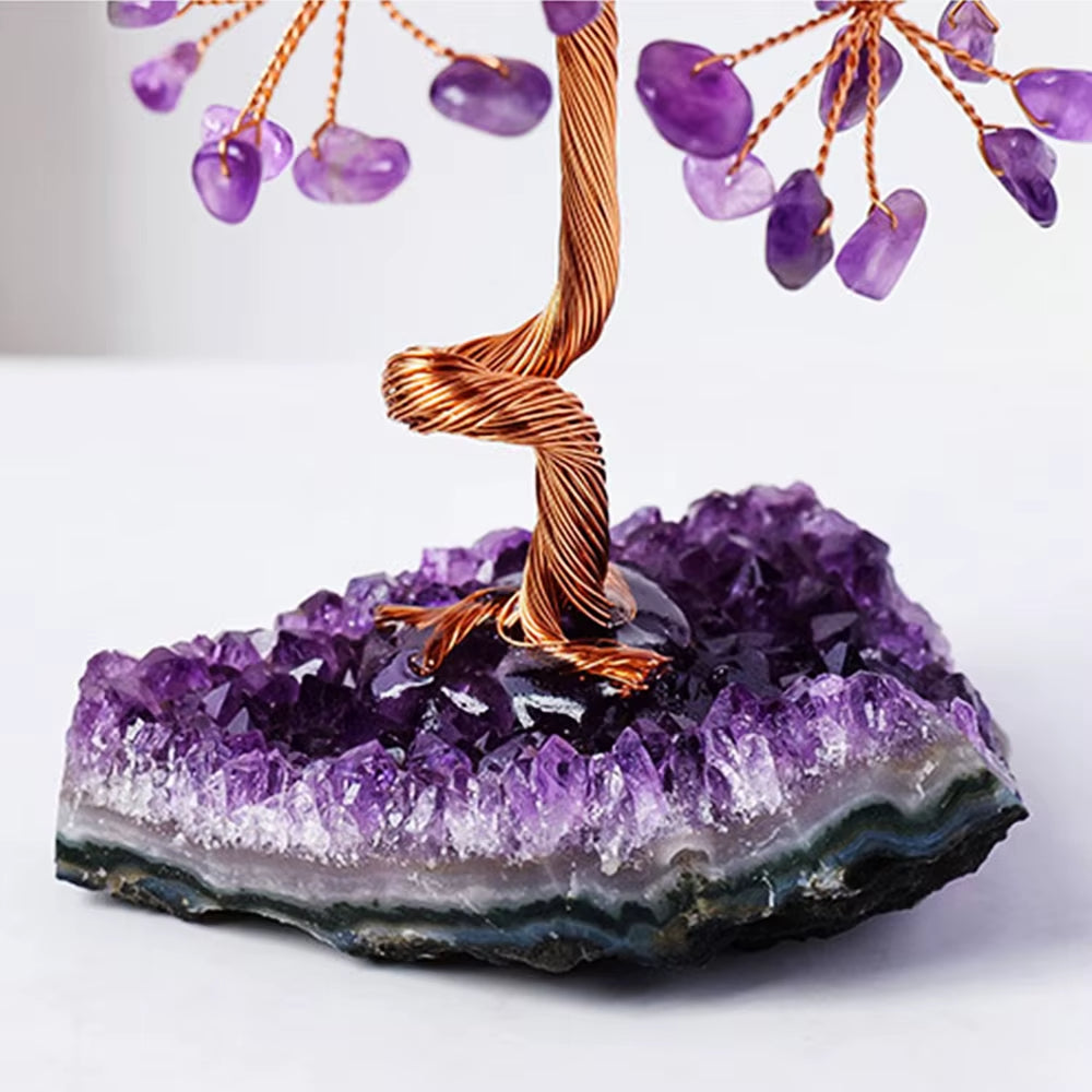 Premium Amethyst Healing Crystals Stones Tree | Handmade Wire Wrapped Feng Shui Money Tree on Natural Gravel Base | Home, Desk & Living Room Decoration