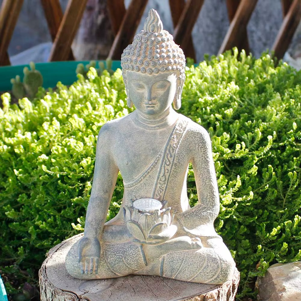 Buddha Statue with Solar Light Home Garden Decor Sitting Meditating Buddha Figurines for Outdoor Patio Yard Lawn Ornaments