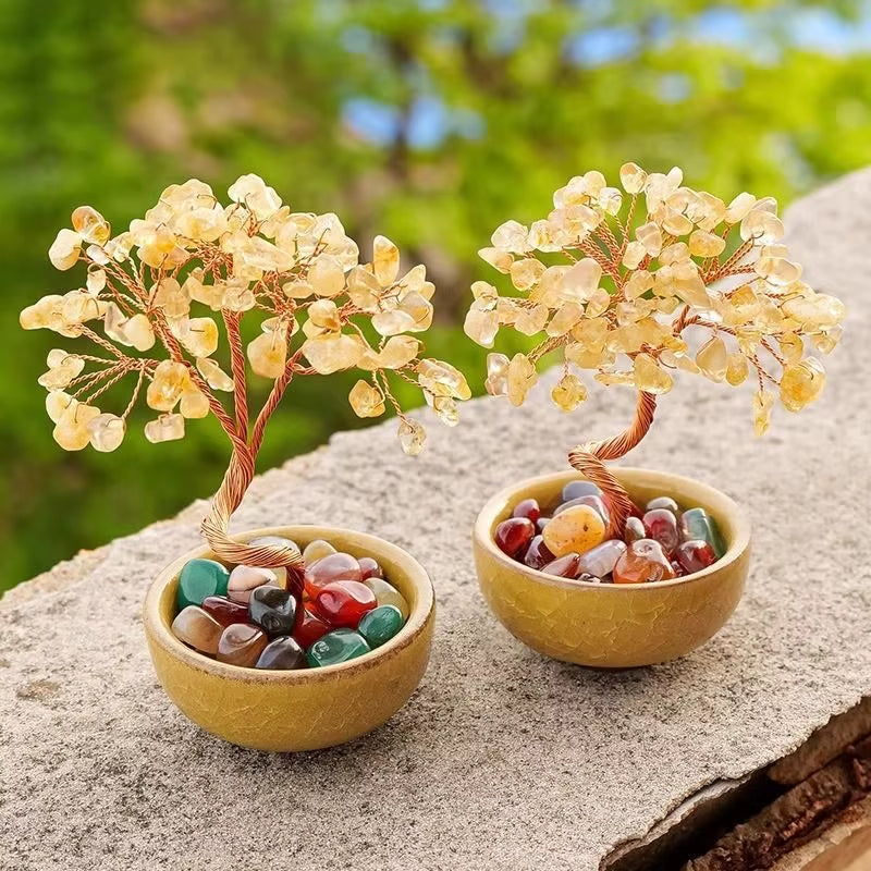 Natural Yellow Crystal Healing Gems Feng Shui Trees Lucky Money Tree Copper Wire Wrapped Crystal Crafts Home Decor