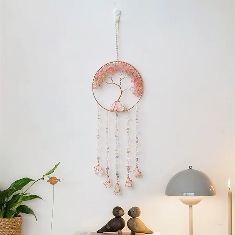 Crystal Suncatcher Wall Hanging Home Decor Natural Stone Gemstone Pink Quartz Fluorite Agate Amethyst Tree of Life Dream Catcher