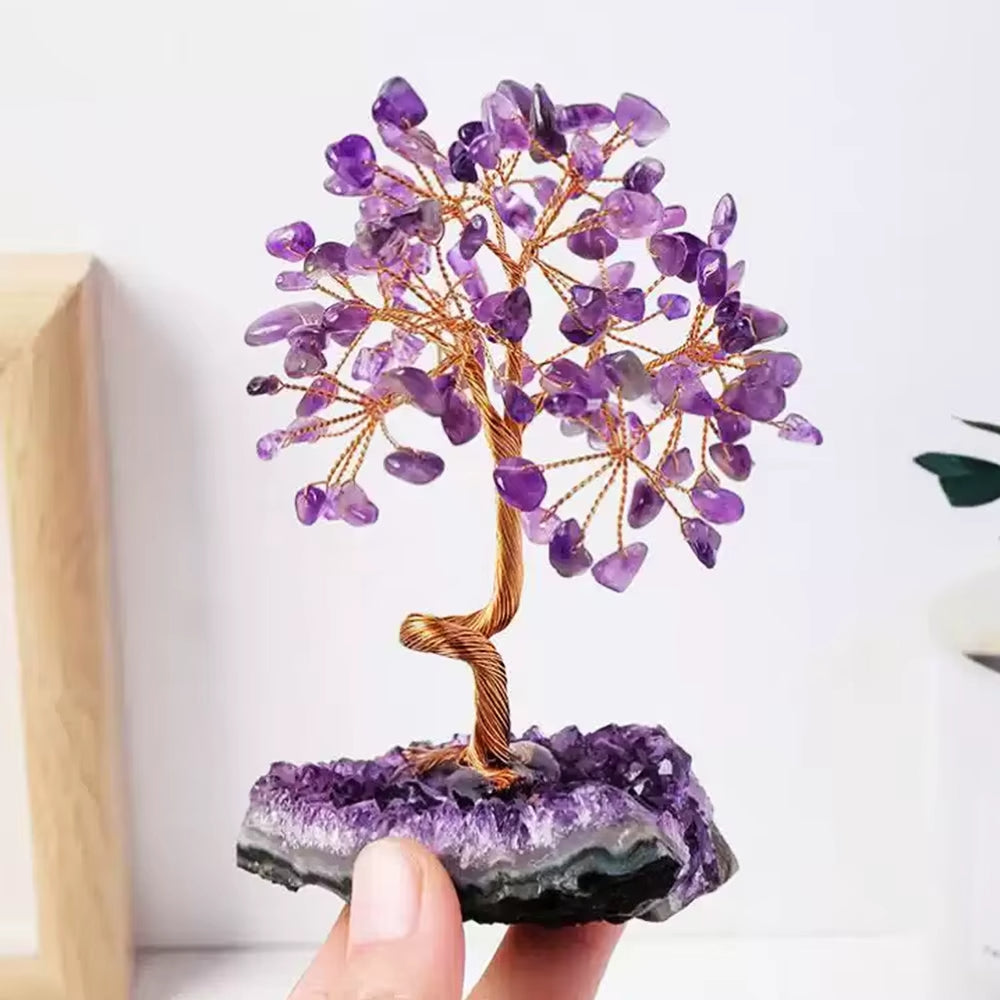Premium Amethyst Healing Crystals Stones Tree | Handmade Wire Wrapped Feng Shui Money Tree on Natural Gravel Base | Home, Desk & Living Room Decoration