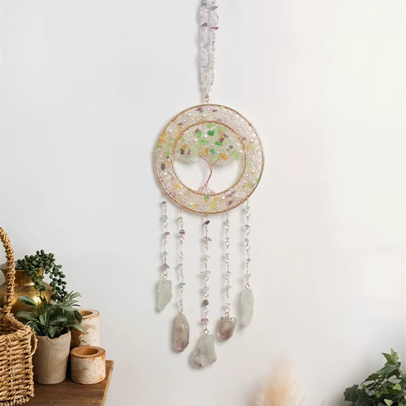 Crystal Suncatcher Wall Hanging Home Decor Natural Stone Gemstone Pink Quartz Fluorite Agate Amethyst Tree of Life Dream Catcher