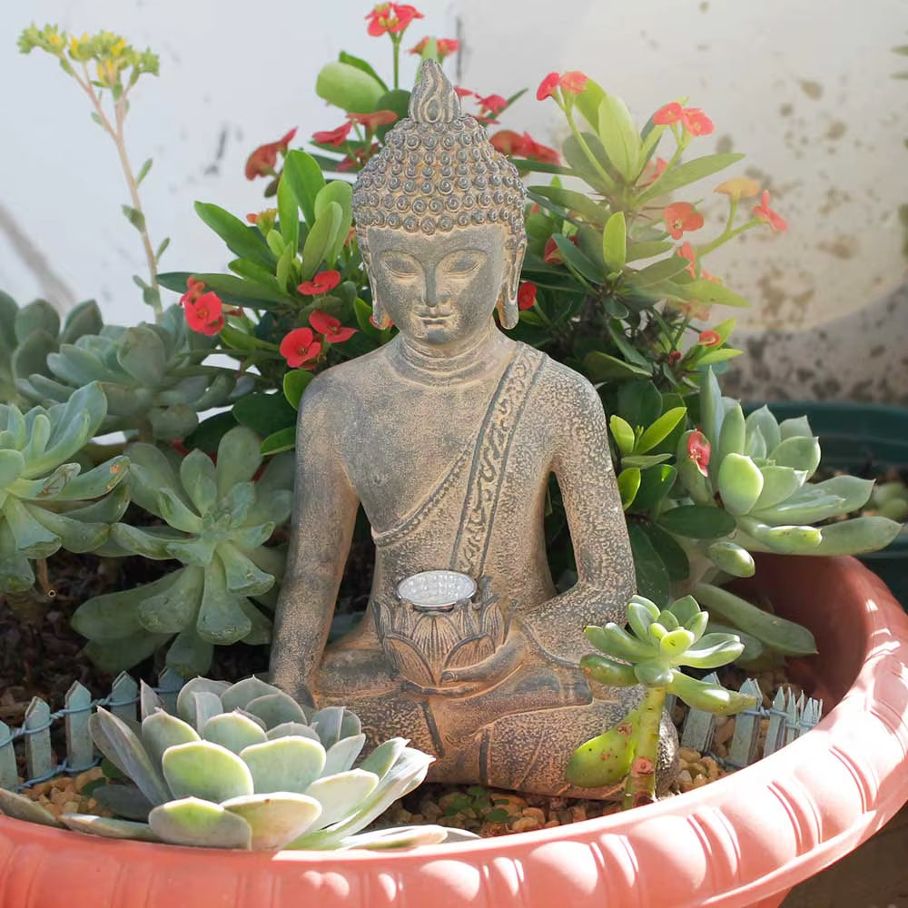 Buddha Statue with Solar Light Home Garden Decor Sitting Meditating Buddha Figurines for Outdoor Patio Yard Lawn Ornaments