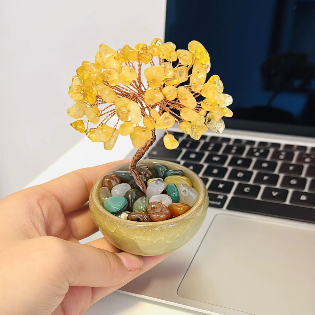Natural Yellow Crystal Healing Gems Feng Shui Trees Lucky Money Tree Copper Wire Wrapped Crystal Crafts Home Decor