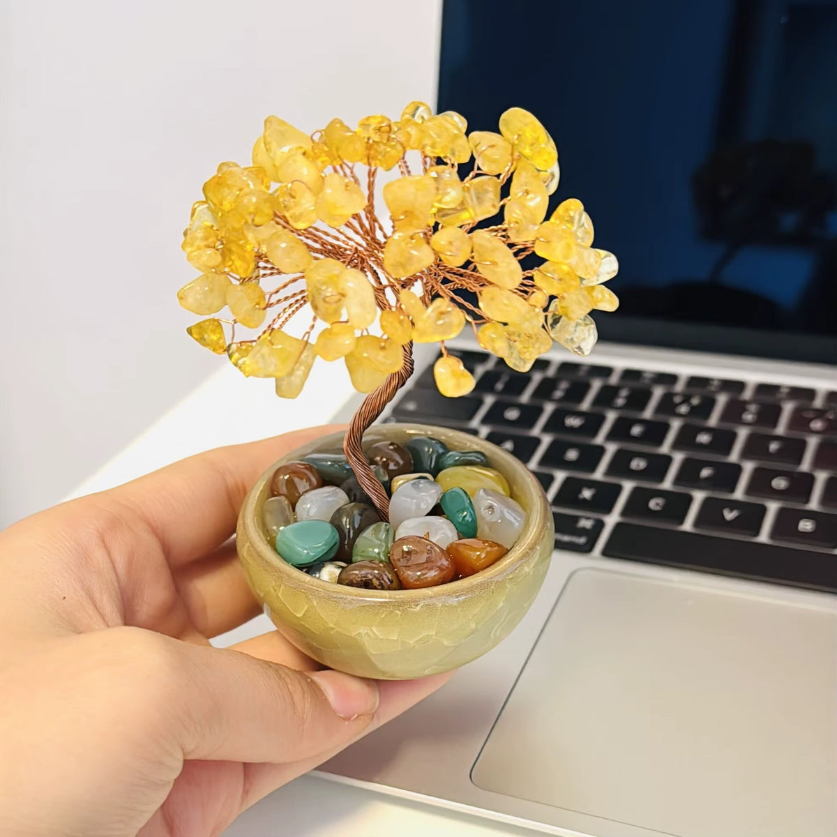 Natural Yellow Crystal Healing Gems Feng Shui Trees Lucky Money Tree Copper Wire Wrapped Crystal Crafts Home Decor