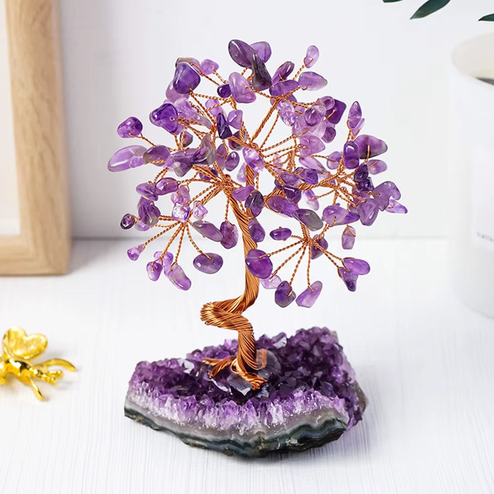 Premium Amethyst Healing Crystals Stones Tree | Handmade Wire Wrapped Feng Shui Money Tree on Natural Gravel Base | Home, Desk & Living Room Decoration