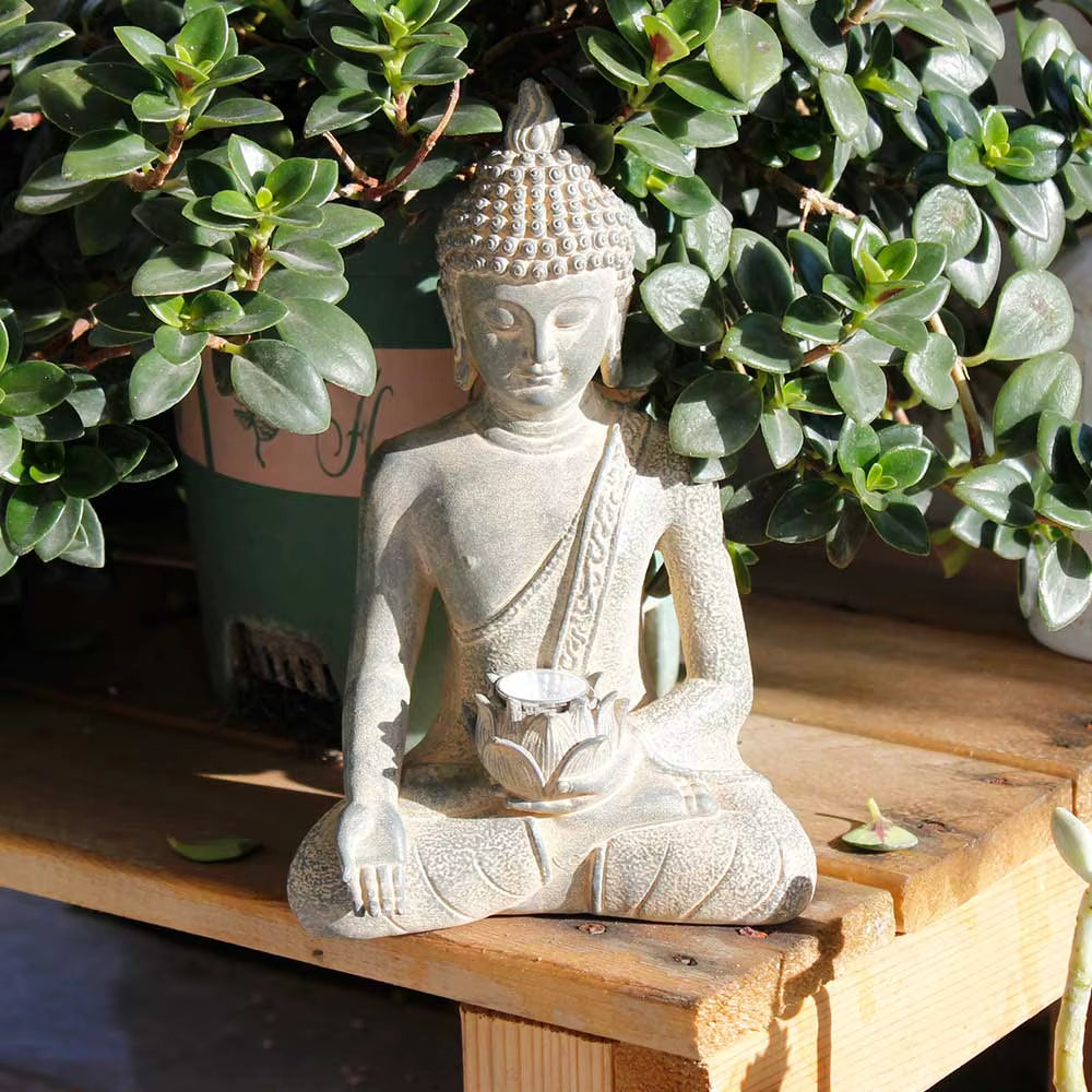 Buddha Statue with Solar Light Home Garden Decor Sitting Meditating Buddha Figurines for Outdoor Patio Yard Lawn Ornaments