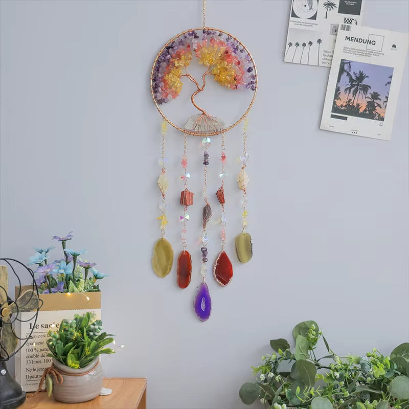 Crystal Suncatcher Wall Hanging Home Decor Natural Stone Gemstone Pink Quartz Fluorite Agate Amethyst Tree of Life Dream Catcher