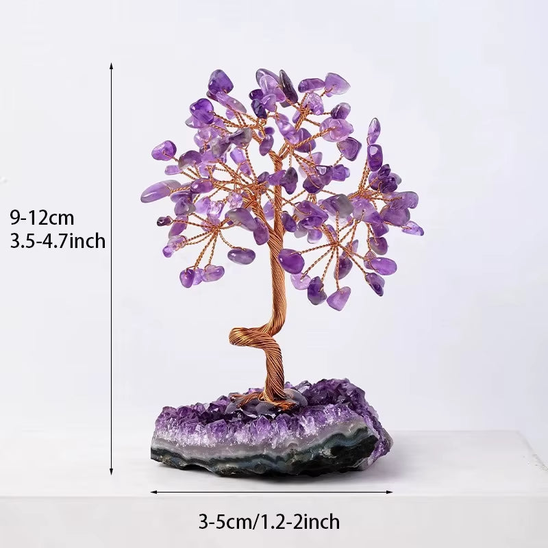 Premium Amethyst Healing Crystals Stones Tree | Handmade Wire Wrapped Feng Shui Money Tree on Natural Gravel Base | Home, Desk & Living Room Decoration