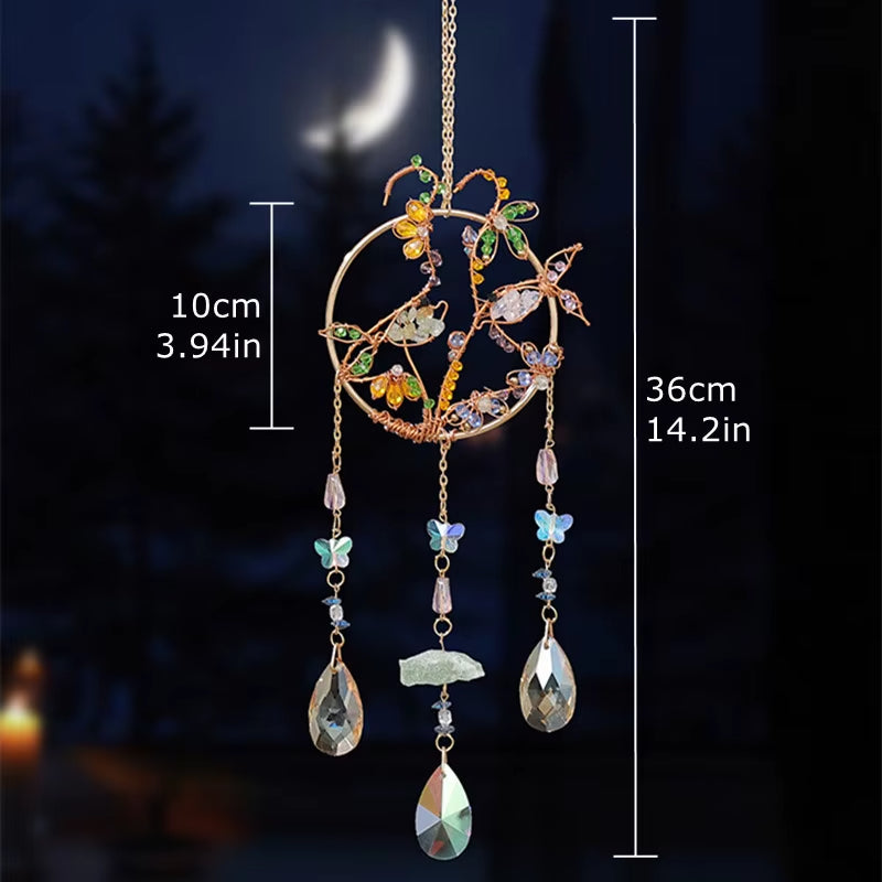 Crystal Suncatcher Wall Hanging Home Decor Natural Stone Gemstone Pink Quartz Fluorite Agate Amethyst Tree of Life Dream Catcher