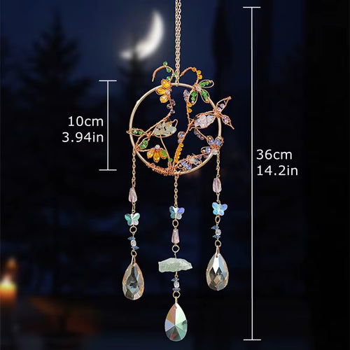 Crystal Suncatcher Wall Hanging Home Decor Natural Stone Gemstone Pink Quartz Fluorite Agate Amethyst Tree of Life Dream Catcher