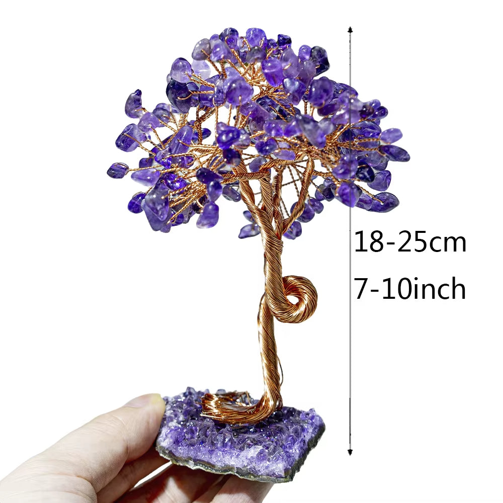 Premium Amethyst Healing Crystals Stones Tree | Handmade Wire Wrapped Feng Shui Money Tree on Natural Gravel Base | Home, Desk & Living Room Decoration