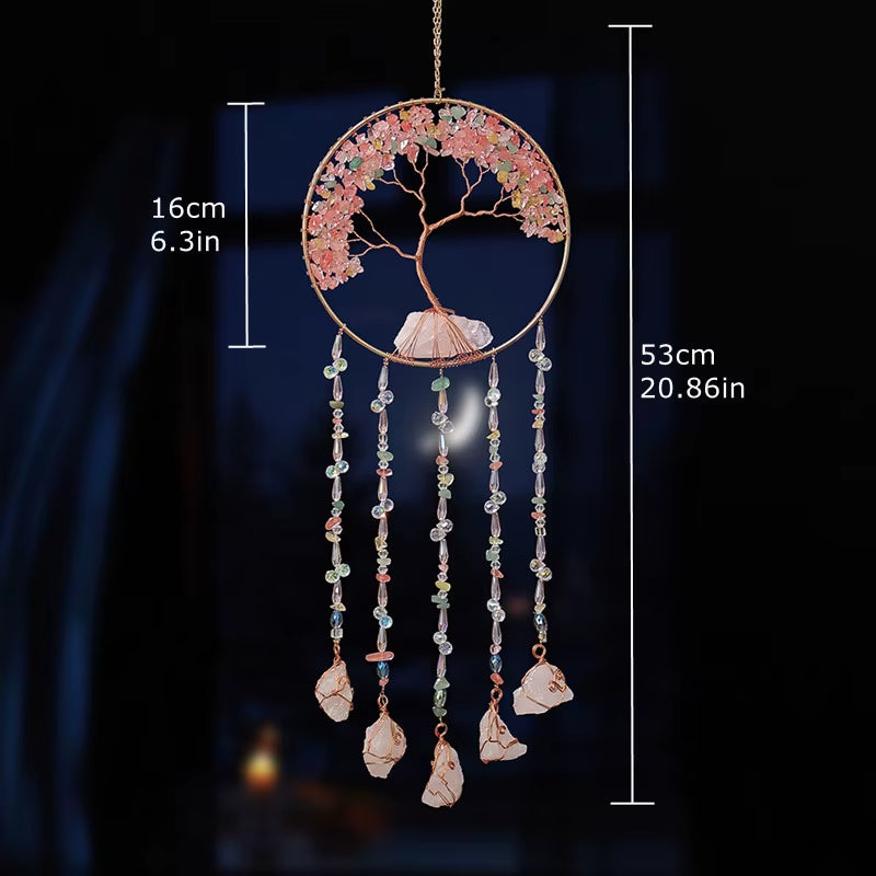 Crystal Suncatcher Wall Hanging Home Decor Natural Stone Gemstone Pink Quartz Fluorite Agate Amethyst Tree of Life Dream Catcher