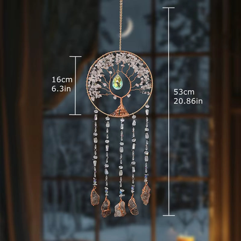 Crystal Suncatcher Wall Hanging Home Decor Natural Stone Gemstone Pink Quartz Fluorite Agate Amethyst Tree of Life Dream Catcher