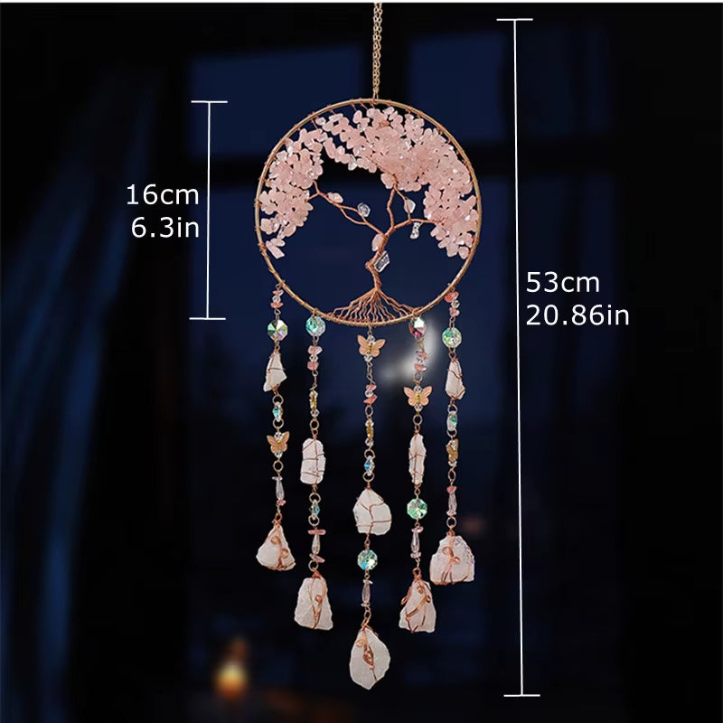 Crystal Suncatcher Wall Hanging Home Decor Natural Stone Gemstone Pink Quartz Fluorite Agate Amethyst Tree of Life Dream Catcher