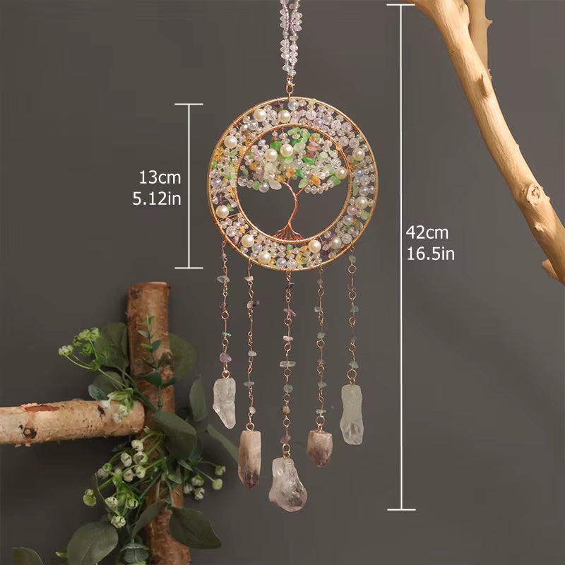 Crystal Suncatcher Wall Hanging Home Decor Natural Stone Gemstone Pink Quartz Fluorite Agate Amethyst Tree of Life Dream Catcher