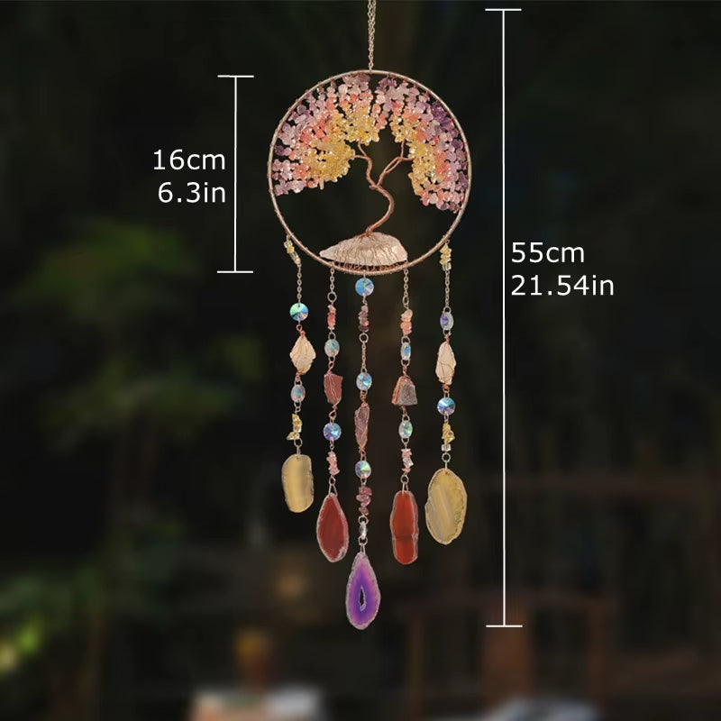 Crystal Suncatcher Wall Hanging Home Decor Natural Stone Gemstone Pink Quartz Fluorite Agate Amethyst Tree of Life Dream Catcher