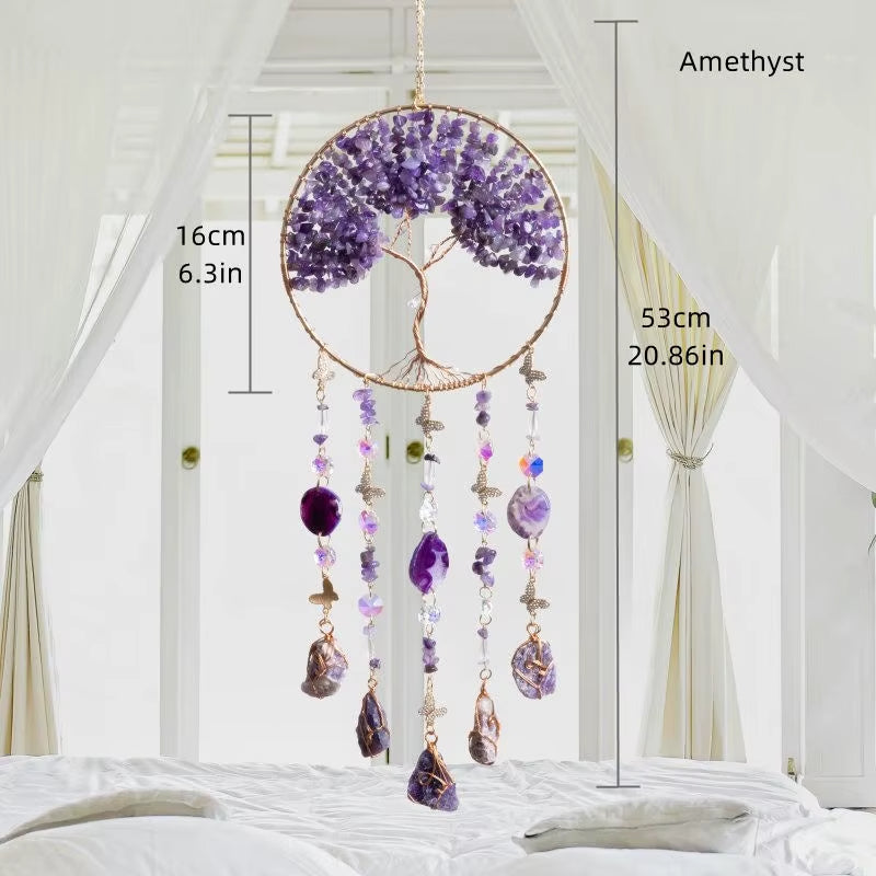 Crystal Suncatcher Wall Hanging Home Decor Natural Stone Gemstone Pink Quartz Fluorite Agate Amethyst Tree of Life Dream Catcher