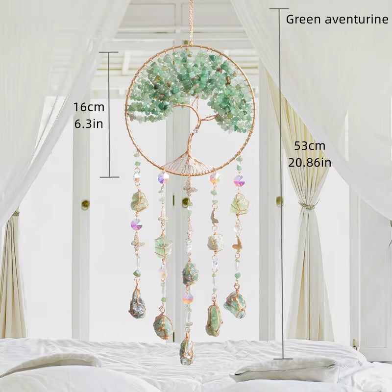 Crystal Suncatcher Wall Hanging Home Decor Natural Stone Gemstone Pink Quartz Fluorite Agate Amethyst Tree of Life Dream Catcher
